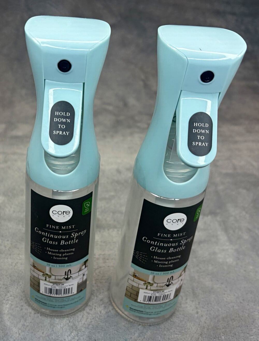 Core Home Fine Mist Continuous Spray Glass Bottles 10 oz Iceberg Blue Lot of 2